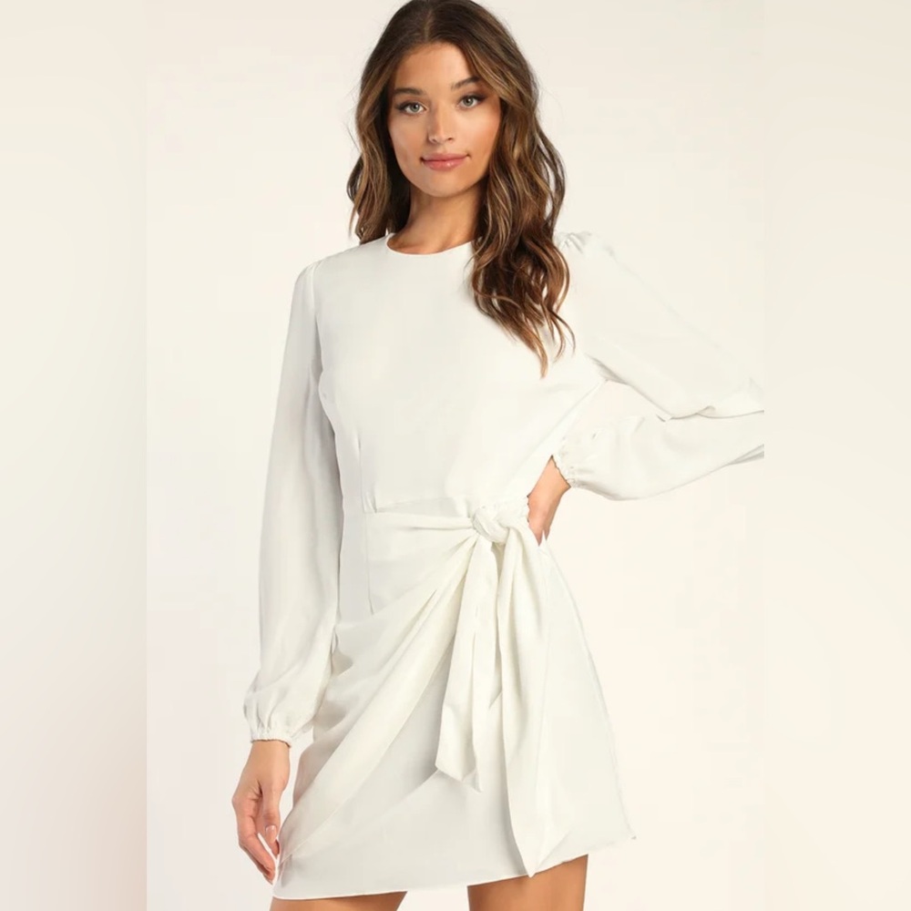 Lulus Believe It or Knot White Long Sleeve Tie-Front Skater Dress
